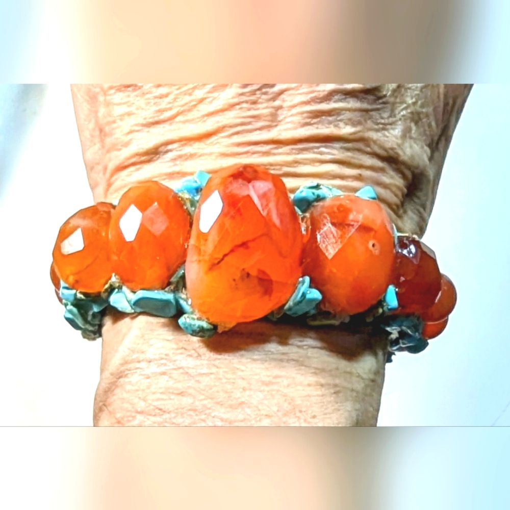 Wendy Gell wristy, rare faceted Carnelian and turquoise chips.